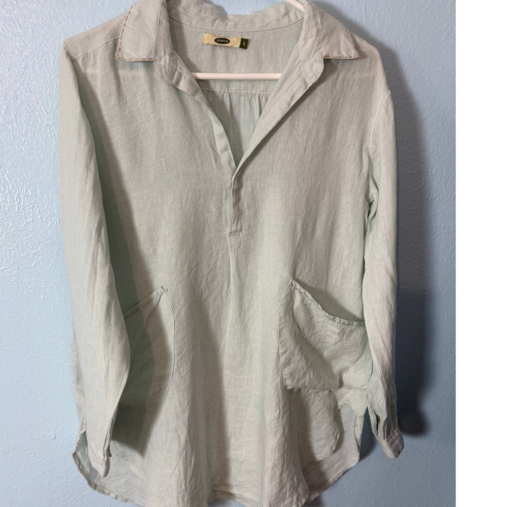Dolma Women Mint Green 100% Linen Pocket Tunic Top S Lagenlook Coastal Boho